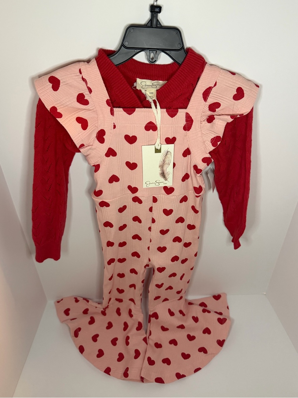 Jessica Simpson Pink and Red Heart-Print Knit Footie